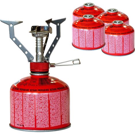Réchaud gaz portable 4.5 kW + 4 cartouches gaz 230gr - Brûleur randonnée anti-vent Pliable Léger Camping Haute montagne KEMPER