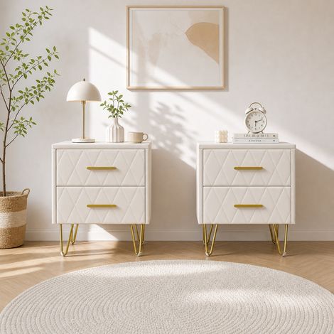 Lot de 2 Tables de Chevet 41x35,5x51 cm avec 2 Tiroirs, Meuble de Rangement en PU Beige Pieds Dorés, Table de Nuit Moderne pour Chambre Salon Décoration Intérieure