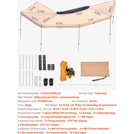 VEVOR 270 Degree Awning, 12.4 ㎡ Driver Side Vehicle Awning, Waterproof UV50+ Car Side Awnings with Carry Bag, All-Weather Free-Standing Overland Awnings Car Shelter for SUV Van Truck Camping (1/4)