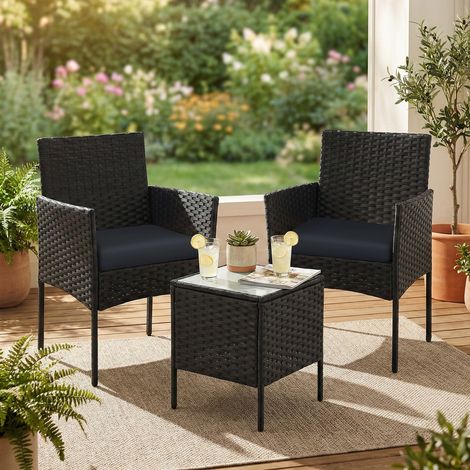 Meuble de Jardin Tressé en PE, Ensemble 3 Pièces, Table et Chaises, Extérieur, Terrasse, Balcon, Noir et Gris (1/5)