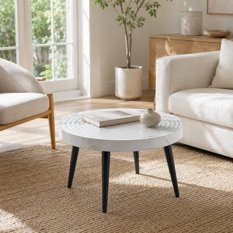 Table basse ronde effet marbre rainures à anneaux annuels pieds métalliques réglables usage polyvalent table stable (1/5)