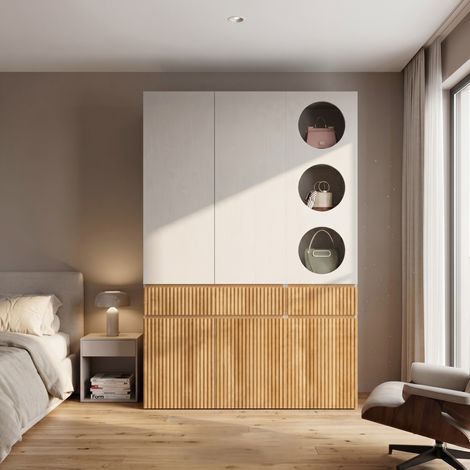 Armadio 135x50x202 cm in MDF grigio e rovere con 6 ante FloraGrace (1/5)
