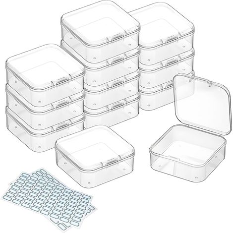Lot de 12 Boite Rangement Plastique, Transparente, PP, 7,4x7,4x2,5cm, Perles, Bijoux, Loisirs Creatifs