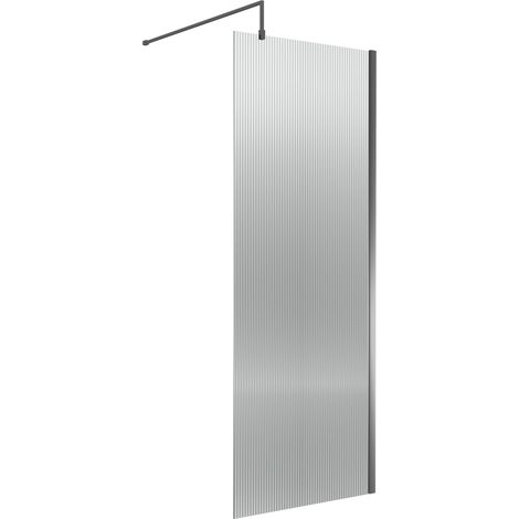 Nuie Fluted Wet Room Screen 1850mm High x 800mm Wide with Support Bar 8mm Glass - Brushed Pewter (1/5)