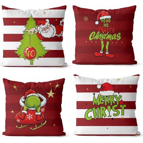 Fundas de almohada navideñas con estampado de Feliz Navidad, aptas para cama, almohadas y cojines suaves, 45 x 45 cm, juego de 4 fundas de almohada. (1/5)