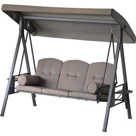 Balancelle de Jardin 3 Places Grand Confort Toit Inclinaison réglable Coussins Plateaux rétractables Polyester filé Beige (1/5)