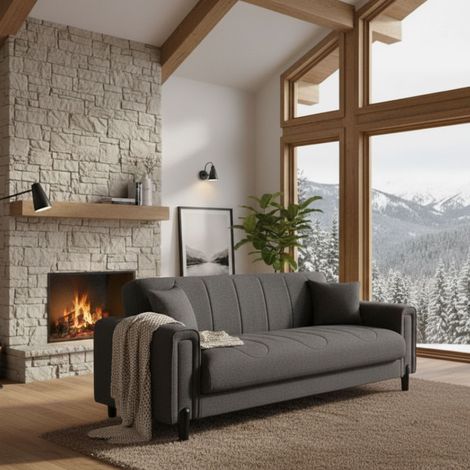Divano Letto 3 Posti Papozze, Contenitore, Lavabile, 226x86 cm Nero Antracite (1/4)