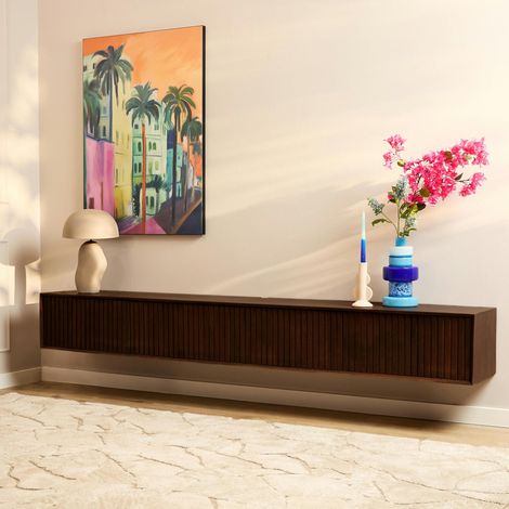 Meuble TV suspendu vintage 4 portes rainurées 240 cm CORTINA (1/5)