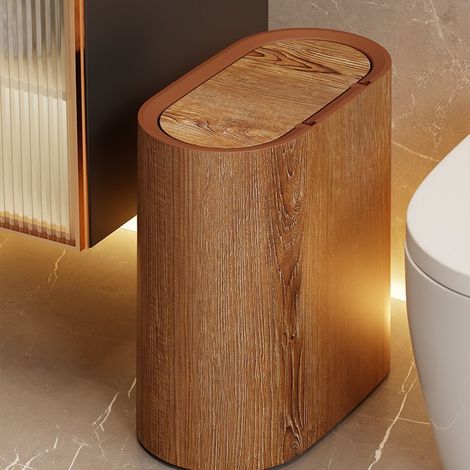 Poubelle ovale étroite à pression imitation noyer sans couvercle basculant anti-odeur, contenance 12L plastique résistant, corbeille à papier gain de place pour interstice toilettes, salle de bain et (1/5)