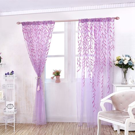 100 x 270 cm großer, transparenter Voile-Vorhang für das Schlafzimmer mit Vintage-Stickerei und Korbmuster, lila (1/5)