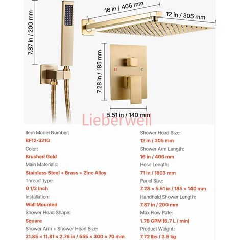 12in Gold SucceBuy Square Rain Shower System Set, Wall Mount Bathroom Shower Faucet with Handheld Sprayer, Stainless Steel (1/4)