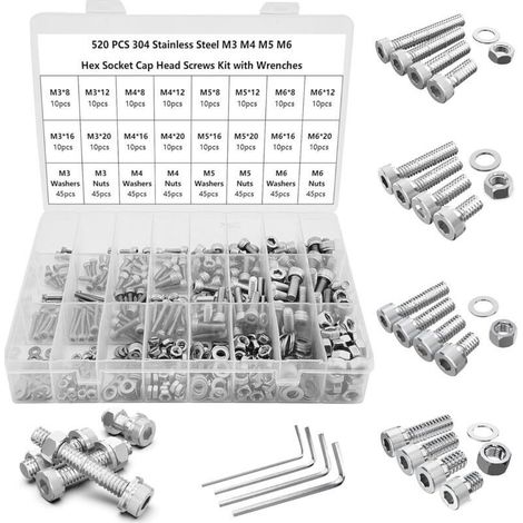 520-teiliges Set mit Innensechskantschrauben und Muttern M3/M4/M5/M6 aus Edelstahl 304 – Crezuo