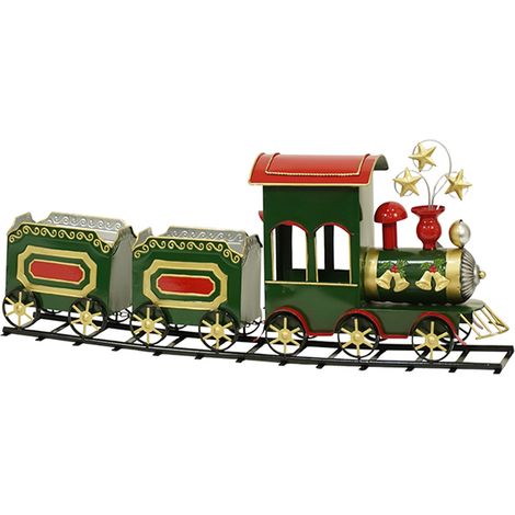 Trenino di Natale su Rotaie in Metallo 78.5x14.7x33 cm, con Locomotiva 2 Vagoni Portavasi e 3 Stelle, Colori Rosso Verde Oro, Grande Soprammobile Natalizio Vintage Sotto Albero Camino (1/5)