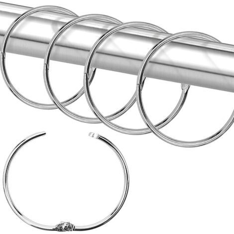 50 silberne Duschvorhangringe aus Metall, runde Haken, rostfrei, leichtgängig, mit Klappöffnung. (1/5)