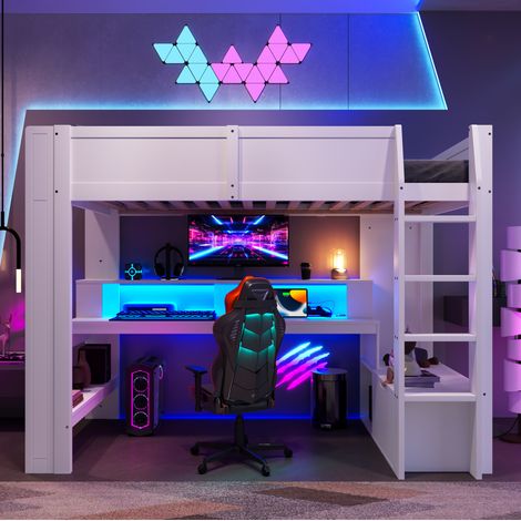 Bett Hochbett Schreibtisch 90x200 Holz LED Weiß OKMYHOME (1/5)