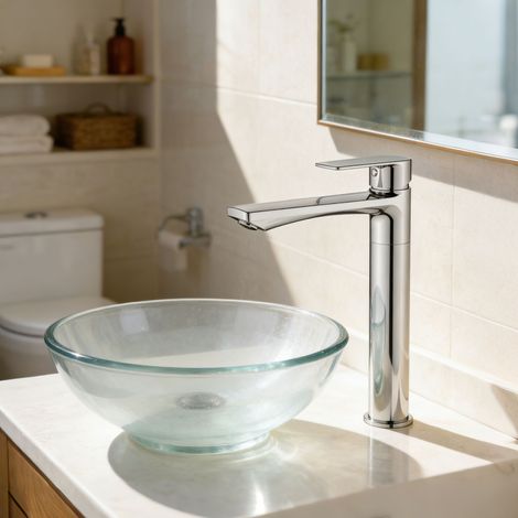 AICA Hoher Waschtisch Wasserhahn Bad Chrom Einhebelmischer KTW zertifiziert bleifrei mit 304 Edelstahl Verlängerungsrohr (1/5)