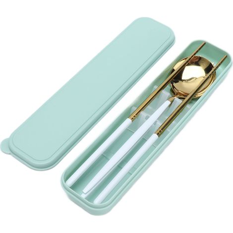 Ensemble de couverts portables en acier inoxydable, résistant à la corrosion, antidérapant et inaltérable, baguettes et cuillère pour le bureau et l'extérieur, blanc et or. (1/5)