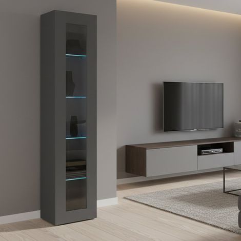 Dmora - Vitrina Dndi, Aparador 1 puerta con baldas de cristal, Mueble de salón polivalente, 100% Made in Italy, cm 40x30h180, Antracita (1/4)