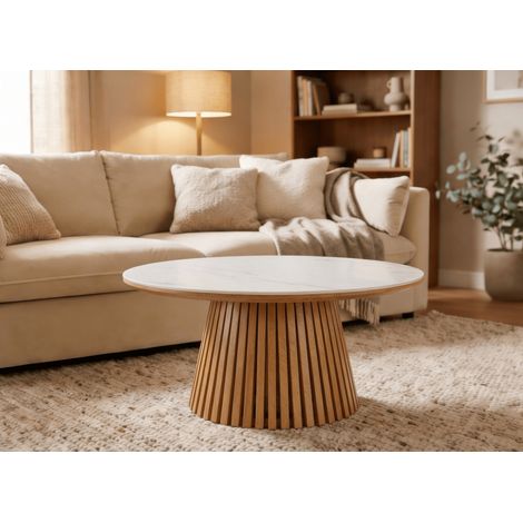 Table basse ronde en bois clair plateau en céramique blanc HEKA