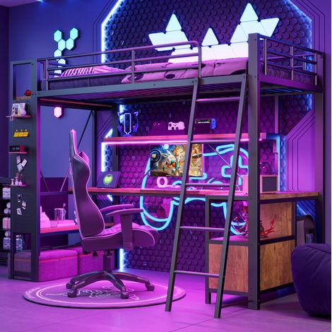 Hochbett 90x200 cm, schwarzes Metall, mit Schreibtisch, LED, Regalen und USB