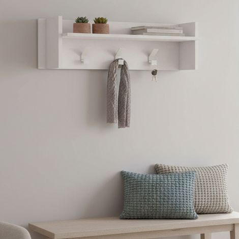 Dmora Eingangsmöbel Narciso, Garderobenständer mit 3 Haken, Regal zur Aufbewahrung im Flur, 100% Made in Italy, Cm 90x29h34, Weiß (1/4)