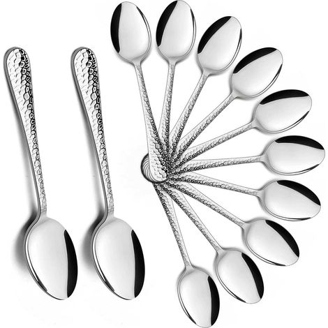 Lot de 12 cuillères à café en acier inoxydable avec poignée en marteau, petite cuillère pour maison, restaurant, cuisine, bord rond et poli brillant, passe au lave-vaisselle (15 cm, argent) (1/5)