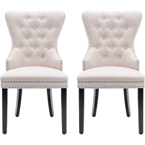 Set da 2 sedie da pranzo, sedie da cucina con rifiniture a borchie, gambe rovere, sedie moderne in lino beige, per camera (1/5)