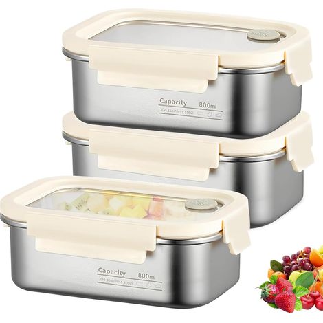Lot de 3 boîtes de conservation hermétiques, en acier inoxydable, avec couvercle, 800 ml, anti-fuite, avec fenêtre de visualisation et fermeture sous vide (1/5)