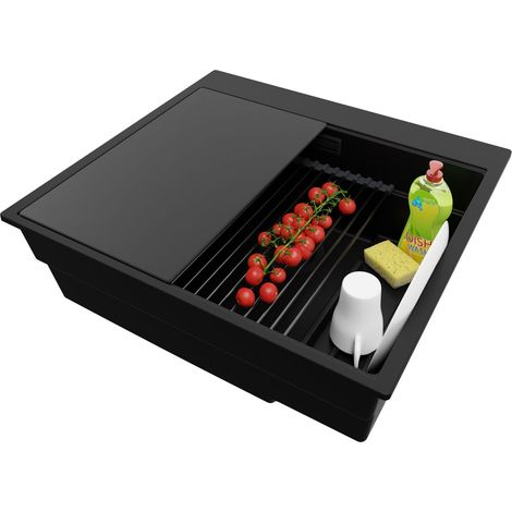 PRIMAGRAN Evier Cuisine en Granit 58x53cm,Lavabo 1 bac + Kit de Vidage + Accessoires, Évier à Encastrer au meuble 60cm - Oslo Max, Tout Noir (1/5)