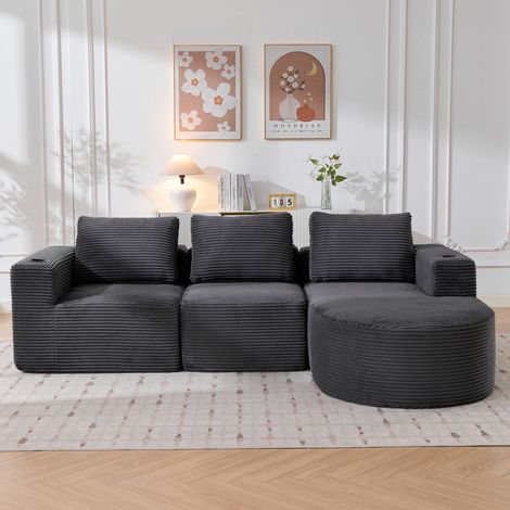 Sofá rinconero de 3 plazas 258 cm en poliéster gris oscuro con 3 cojines y 2 portavasos REDOM (1/5)