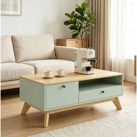 Couchtisch 100/50/40 cm in Hellgrün und Eiche mit Schublade, Tür und offenem Fach (1/5)
