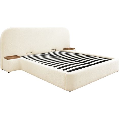 Vente-Unique – Lit coffre 180 x 200 cm avec chevets – Tissu bouclette blanc – Sommier à lattes – Coffre de rangement intégré (1/5)