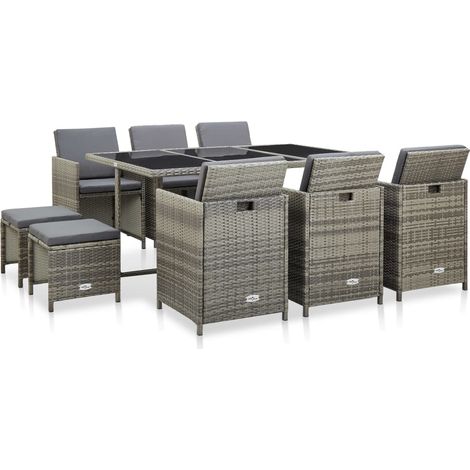 Set da pranzo da giardino da 11 pezzi e cuscini in resina intrecciata grigia 020014746