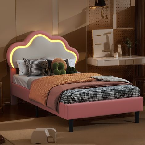 Lit Simple Rembourré 90x200 cm, Lit Enfant Fille avec LED, Tête de Lits Réglable en Hauteur en Forme de Nuages, Sommier à Lattes, Lits 1 Personnes pour Fille Adolescent, PU,Rose+Blanc (1/5)