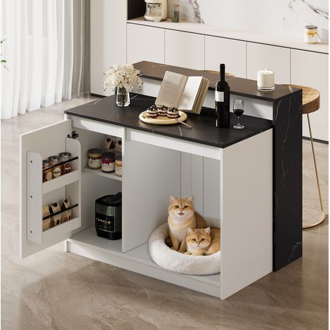 Isla de cocina con barra y zona para mascotas 120 x 80 x 100 cm blanco y negro HAVRYA (1/5)