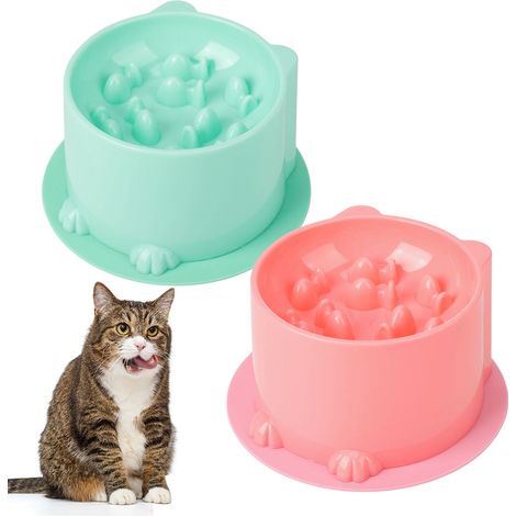 Zwei langsam fressende Katzennäpfe, erstickungssichere, erhöhte Futter- und Wassernäpfe, kippbare Katzennäpfe aus Kunststoff, um Rückfluss zu verhindern, geeignet für kleine Haustiere. (1/5)