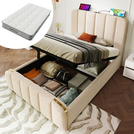 Letto singolo imbottito, testiera imbottita con strisce decorative dorate e funzione di ricarica USB Type-C, 90200 cm, tessuto in lino beige, letto contenitore idraulico (con materasso) (1/5)