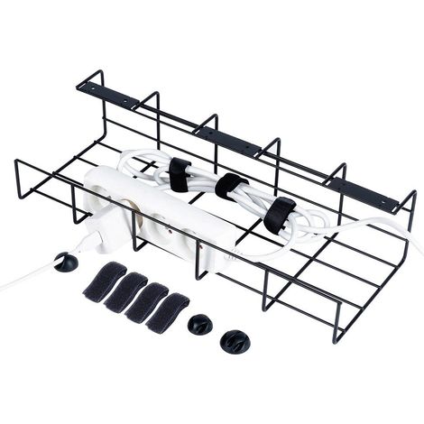 Organizador de cables en metal negro con kit de montaje.
