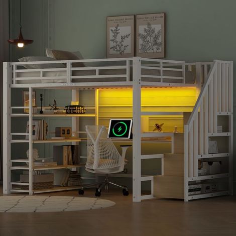 Lit mezzanine - 140 x 200 cm - Bureau intégré - Étagères 4 niveaux - LED RGB & port USB