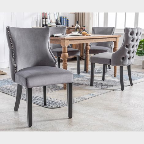 Set di 4 sedie da pranzo in velluto con gambe in legno massello, grigio