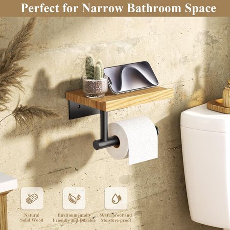 Porte-rouleau de papier toilette avec étagère en bois, support mural en bois pour mouchoirs, acier inoxydable noir mat, accessoires de salle de bain, décoration pour la maison, appartement, toilettes, (1/4)