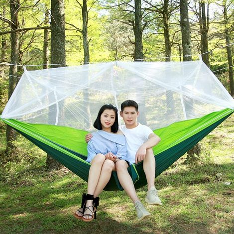Tragbare Hängematte für den Außenbereich, Camping-Hängematte mit Netz, fruchtgrün und dunkelgrün (weißes Netz), 260 x 140 cm