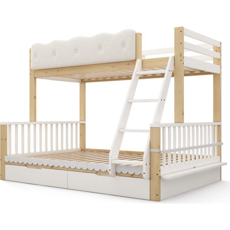 Litera infantil 90x200/140x200 cm con barreras nube, cajones y revistero, blanco roble