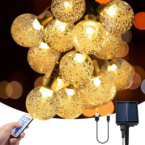 Guirlande Lumineuse Solaire, 60 Boules Cristal LED avec Télécommande, Alimentation Solaire/USB, Guirlande Lumineuse Extérieur pour Jardin, Décoration Intérieure et Extérieure (Blanc Chaud)