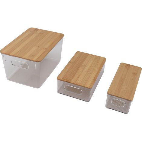 Ensemble de 3 boîtes de rangement multi-usages, boîtes de rangement transparentes et empilables avec portes en bois (1/5)