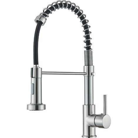 Robinet Cuisine Nickel brossé Mitigeur Cuisine Avec Douchette 360° Robinet d'Évier à Arc Élevé pulvérisateur escamotable 2 Modes de Pulvérisation,Chaud et Froid