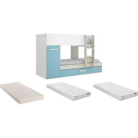 Letto a castello con contenitori 3 x 90 x 190 cm Bianco Rovere e Blu + Materasso - ANTHONY (1/5)