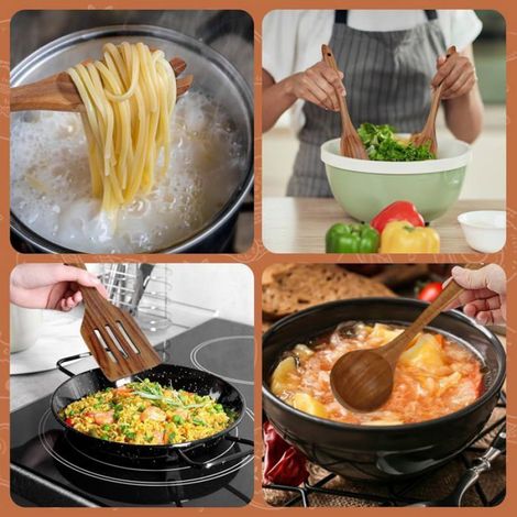 Ustensiles de Cuisine Bois - Set de Cuisine Premium 10 Pièces - Matériau Léger, Résistant à la Chaleur, Durable & Anti-Rayures (1/5)