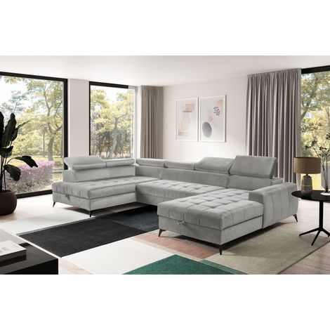 Wohnlandschaft Schlafsofa AGNESA Stoff Salvador Hellgrau Ottomane Rechts (1/5)