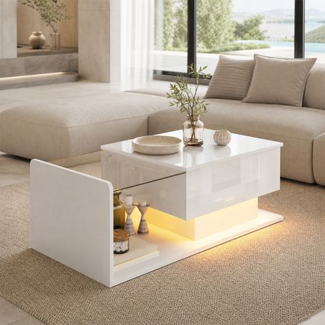 REDOM Höhenverstellbarer Couchtisch mit Stauraum und LED, 100 x 50 cm, Hochglanzweiß (1/5)